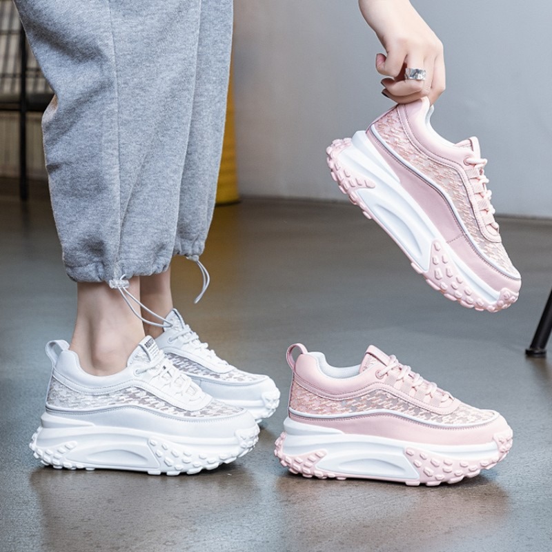 Sewing Cotton - 캐주얼 여성용 HollowLaceMeshPlatformSneakersTreadChunkySole 레이스업 키높이 논슬립