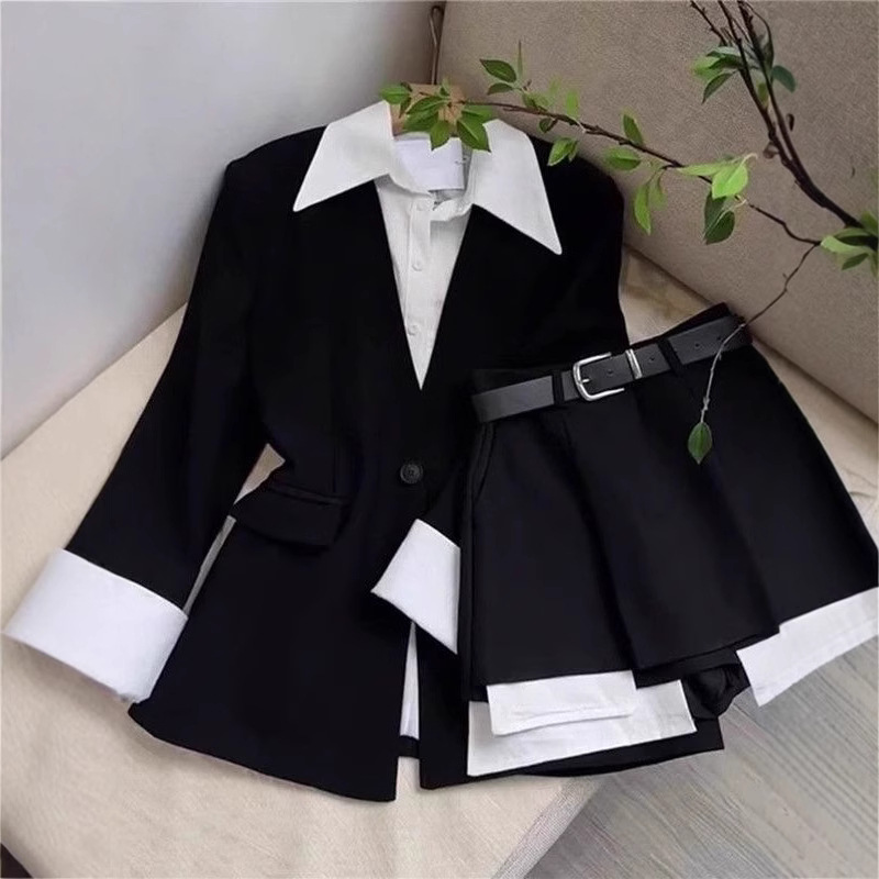 Sewing Jackets - 여성 투피스 스커트 세트 패치워크 블레이저