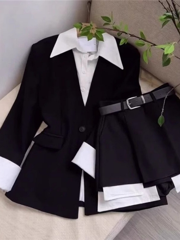 여성 투피스 스커트 세트 패치워크 블레이저 버튼 긴팔  - Sewing Jackets 리뷰 및 가격