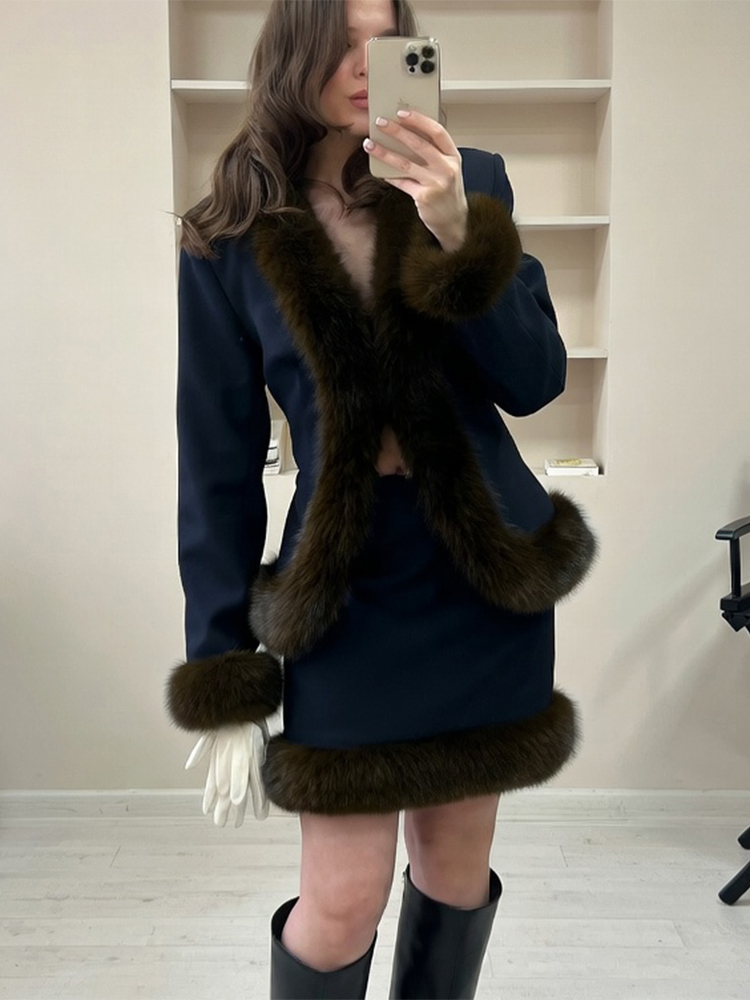 여성 퍼 패치워크 스커트 수트 레트로 슬림 긴팔 코트  - Sewing Jackets 리뷰 및 가격